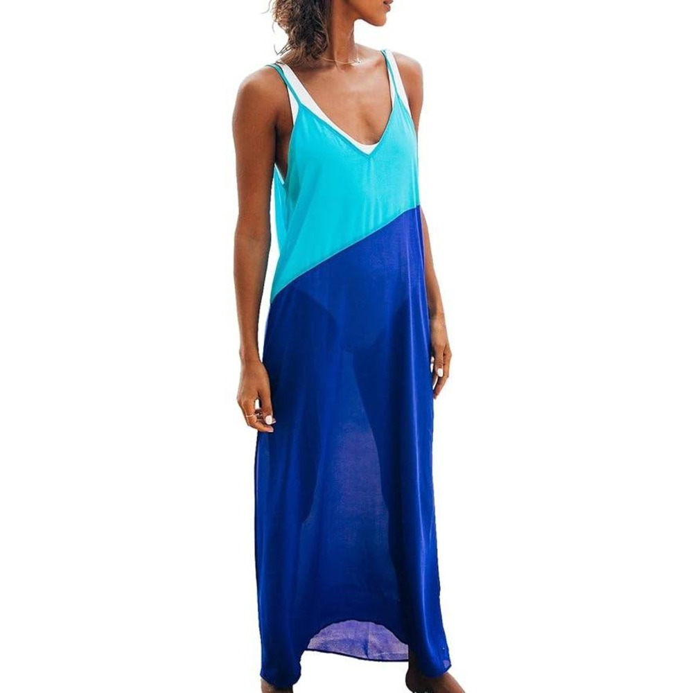 Lulus Seaside Retreat Cover Up Slip Dress; Turquoise and Cobalt Blue Maxi